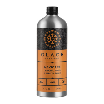 Glace Coatings Nevicare bottle with an orange label and black text