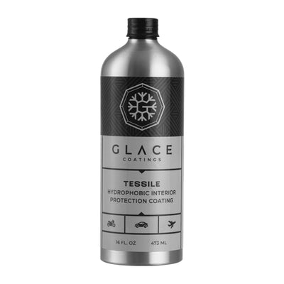 Glace Coatings Tessile aluminum bottle with a grey label and black text 